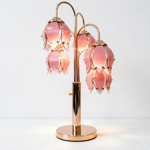 Lampe de table LED E26 moderne et esthétique, flexible, rose, motif tulipe, avec cadre doré de luxe et abat-jour en verre multi-lumières, idéale pour chambre romantique - Product Image 1
