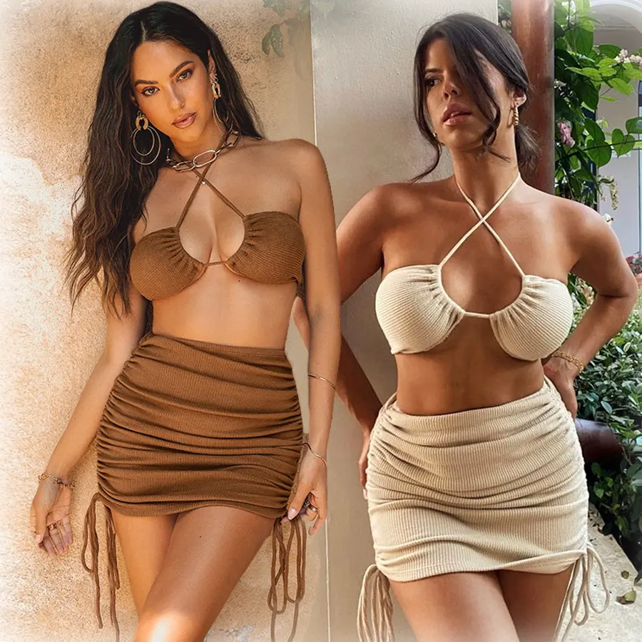 INS Hot Candy Colors Y2K Sexy Cross Halter Crop Tops Bandage Tube Tops Beach Slim Hip Bodycon Two Piece Skirt Set Women Clothing