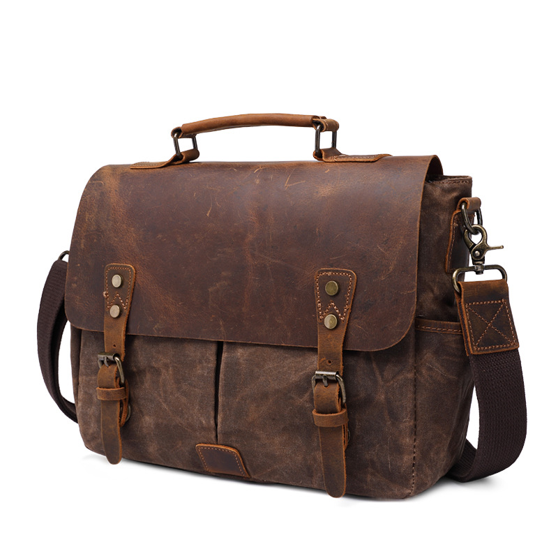 Popular Waterproof Genuine Leather Waxed Canvas Briefcase Camera Messenger Bag Shoulder Bag Camera Lens Bag