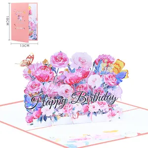 Enveloppe de fleurs en papier rose réutilisable Cartes d'anniversaire Carte d'anniversaire 3D Pop Up Carte de voeux de joyeux anniversaire