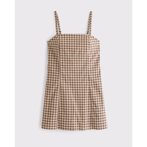 LEDUO Retro Style Daily Wear Brown Plaid A-Line <b>Spaghetti</b> <b>Strap</b> Cami Mini Women's Dress - Product Image 1