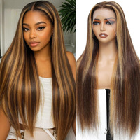 Perruque Lace Front en Cheveux Humains Brésiliens Remy 4/27, Densité 200%, Longue, Lisse, avec Mèches, Sans Colle, Transparente