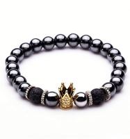 Bracelet tendance 2019 en pierre de lave avec breloques couronne impériale et casque sertis de zircone cubique pour homme