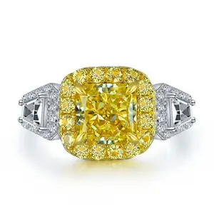 925 Sterling Silver Square Zircon Engagement Rings 3.8 Ct Fancy Light Yellow Diamond Ring