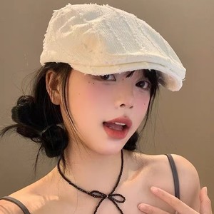 หมวกเบเร่ต์ขอบรุ่ย หมวกผ้าแคนวาสสำหรับทุกเพศ ผ้าฝ้ายระบายอากาศได้ดี หมวกกันแดดฤดูใบไม้ผลิฤดูร้อน สีขาว สีดำ สีกากี สีชมพู MZ25-685 - Product Image 1
