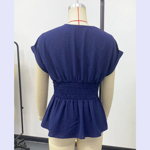 Kênh 5 Màu Sắc Thanh Lịch 2025 Của Phụ Nữ Mùa Hè <span class=keywords><strong>Peplum</strong></span> Tops Dọc V Cổ Ruched Eo Ngắn Tay Áo Ruffle Hem Áo - Product Image 6