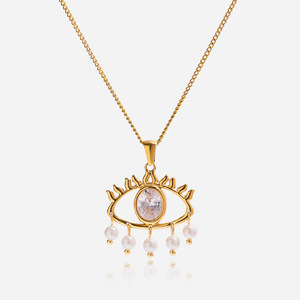 Collier pendentif œil porte-bonheur avec zircon blanc et perles, bijoux en acier inoxydable pour femme, cadeau, pièce de mode tendance - Product Image 1