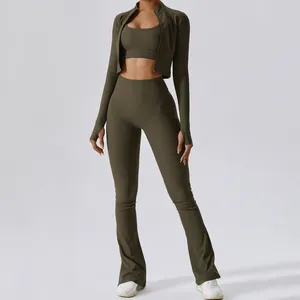 Custom Women Soft Comfort Quick Dry Ribbed V Cut Flare Pants And Jacket Sports Bra Tops Set