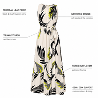 Robe longue de plage pour femme à imprimé feuilles tropicales, sans manches, avec ourlet à volants étagés et taille à nouer, personnalisable avec logo