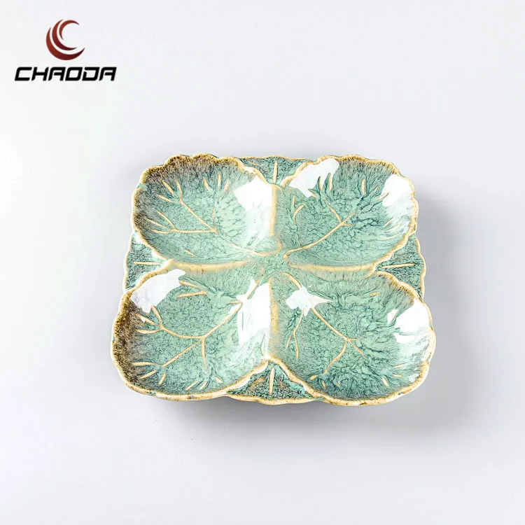 Piatto di ceramica verde diviso 4 serpente piatto di frutta per casa ristorante 4 divisore forma foglia piatto in ceramica