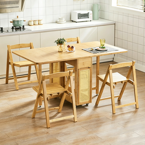 Space Saving Bamboo <strong>Foldable</strong> Dining <strong>Table</strong> Movable Kitchen Desk Restaurant <strong>Table</strong> &amp; Chair Rattan Woven Invisible Telescopic <strong>Table</strong> - Product Image 1