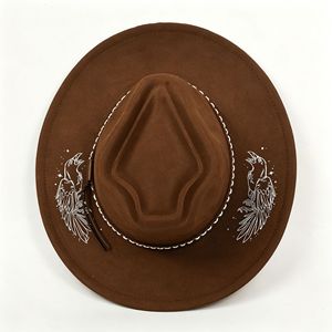 Topi Koboi Suede Bertepi Lebar Dengan Motif Burung Gagak, Topi Fedora Retro Barat, Tali Serut Dapat Disesuaikan, Topi Cowgirl Vintage Boho - Product Image 1