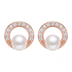 Freshwater Pearl <b>Studs</b> <b>Silver</b> Plated Copper Half Circle Jewelry CZ Pavé Curved Earring for Women Minimalist Gifts - Product Image 1