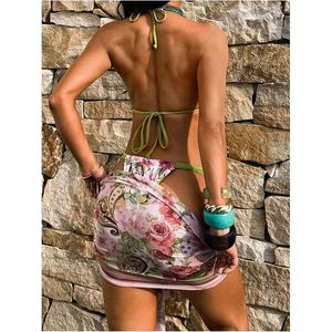 Ensemble bikini floral 3 pièces pour femme FOXA, soutien-gorge halter, string et jupe à nouer devant, vêtements de plage d'été - Product Image 3