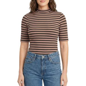 Custom Women's Striped Ribbed Mock Neck <b>Top</b> Short Sleeve Slim Fit Knit Shirt - Product Image 1