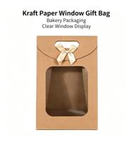 En stock, sac cadeau en papier kraft 260 g/m², boîte d'emballage pour pâtisserie, fenêtre transparente, couvercle à nœud papillon, petit sac cadeau créatif de couleur unie