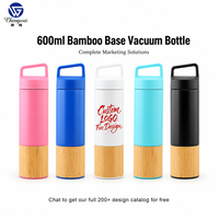 Botol Air Vakum Isolasi Stainless Steel 600ml dengan Alas Bambu, Logo Custom, Pegangan, dan Tutup, Grosir OEM