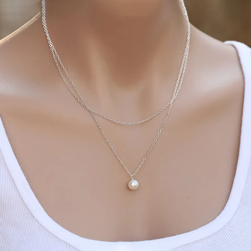 Collana a catena girocollo in oro sottile a doppio strato di moda all'ingrosso collana con pendente di perle per gioielli da donna