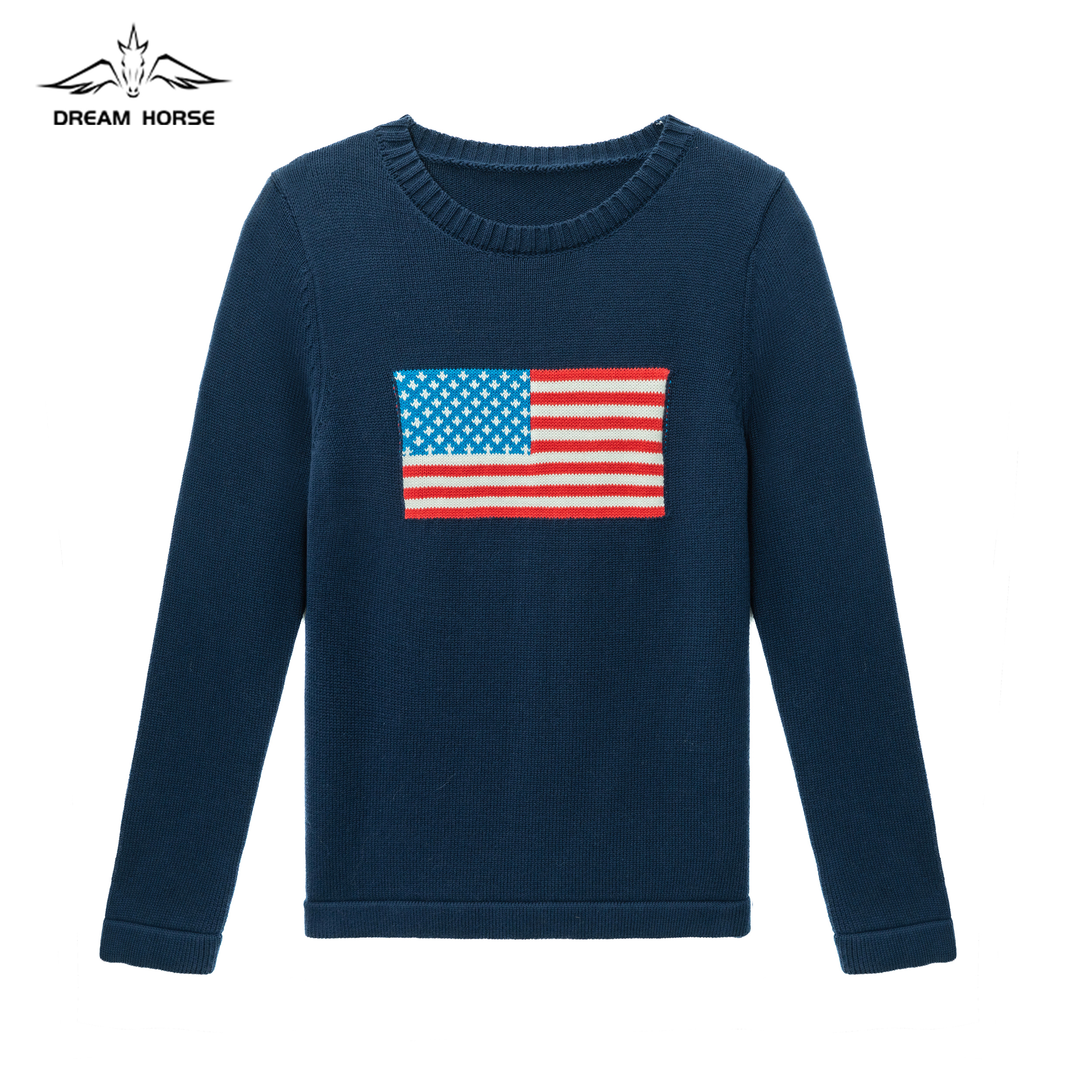 Women's American Flag Sweater - Patriotic Long Sleeve Knit Pullover, Loose Fit Crewneck Top