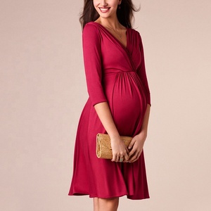 Vestido de maternidad de manga 3/4 para mujer, ropa de embarazo con cuello de pico profundo, ropa de <span class=keywords><strong>lactancia</strong></span>, vestido de fiesta, ropa de <span class=keywords><strong>lactancia</strong></span> elástica suave - Product Image 4