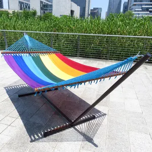 Patio Vrijstaande Hangmat Bed Outdoor Draagbare Dubbele Schommel Hangmat Met Standaard En Houten Spreader Bar Voor Camping