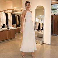 Robe longue en mousseline tissée à col licou, imprimé numérique à pois, taille naturelle, dos ouvert, style bohème plage, vente en gros, personnalisable OEM