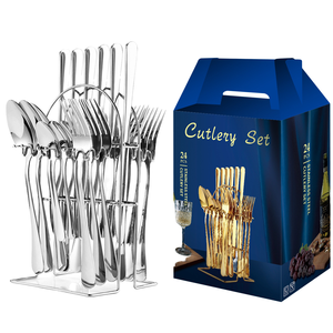 Offre Spéciale : Ensemble <span class=keywords><strong>de</strong></span> <span class=keywords><strong>Couverts</strong></span> 24 Pièces en Acier Inoxydable Doré 410, Vaisselle <span class=keywords><strong>de</strong></span> Haute Qualité avec Support Suspendu pour Mariages - Product Image 2