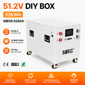 ชุดแบตเตอรี่ SOEC 32kWh 51.2V 628Ah พร้อมระบบจัดการแบตเตอรี่ (BMS) 300A สำหรับระบบกักเก็บพลังงานแสงอาทิตย์ภายในบ้าน แบบ DIY พร้อมกล่องและล้อ ความจุสูงพิเศษ 628Ah - Product Image 1