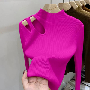 Suéter de punto para mujer con cuello medio alto, diseño de lágrima hueca y color liso, top interior de moda - Product Image 4