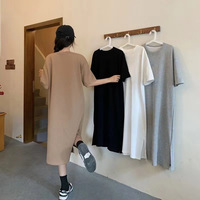 Nouvelle Robe T-shirt Décontractée Grande Taille d'Été Mi-longue Fendue à Manches Courtes, Cache-ventre Ample Amincissante en Mousseline Unie, Style Décontracté
