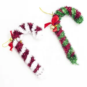 Hot Sale Foil PET Tinsel Wired Candy Cane For Christmas Tree Window Indoor Hanging Decorations