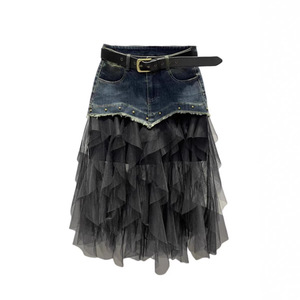 2026 New Fashionable Mesh Splicing Nail Bead Cowboy <b>Long</b> <b>Skirt</b> Versatile and Slimming A-line Half Body <b>Skirt</b> - Product Image 6