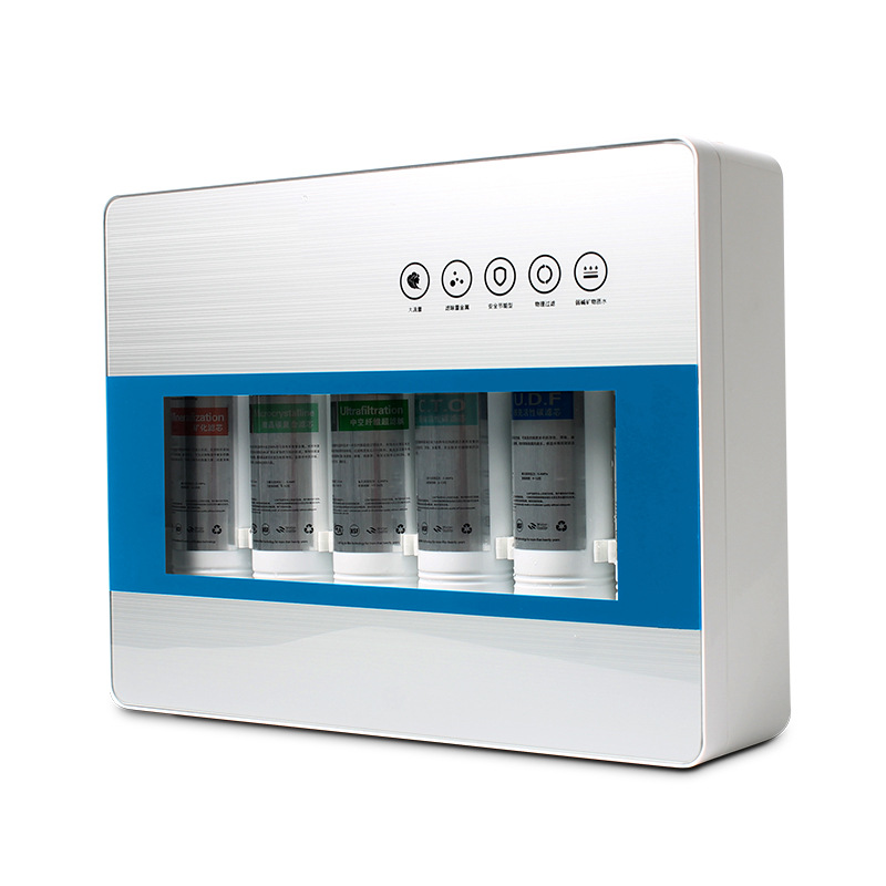 Unidad de ultrafiltración de seis etapas con carcasa transparente azul plateada.