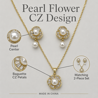 Ensemble collier et boucles d'oreilles pendantes classiques en perles, fleurs et zircons baguette |   Bijoux en cuivre 2 pièces