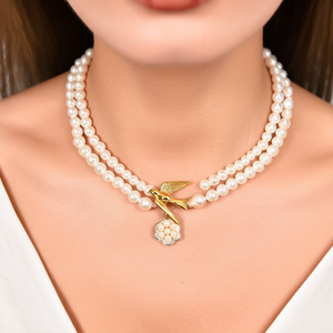 Collar de perlas con colgante de pájaro dorado y dije de flor, perlas blancas de doble hilera para mujer, joyería - Product Image 2