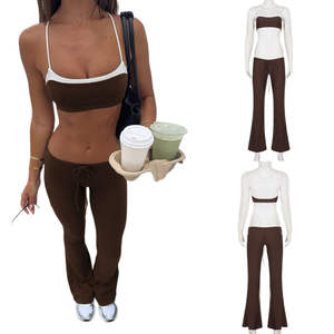 Ensemble deux pièces décontracté pour femme, sans col, nouvelle collection printemps/été, haut court dos nu + pantalon évasé en tricot pour le yoga - Product Image 1