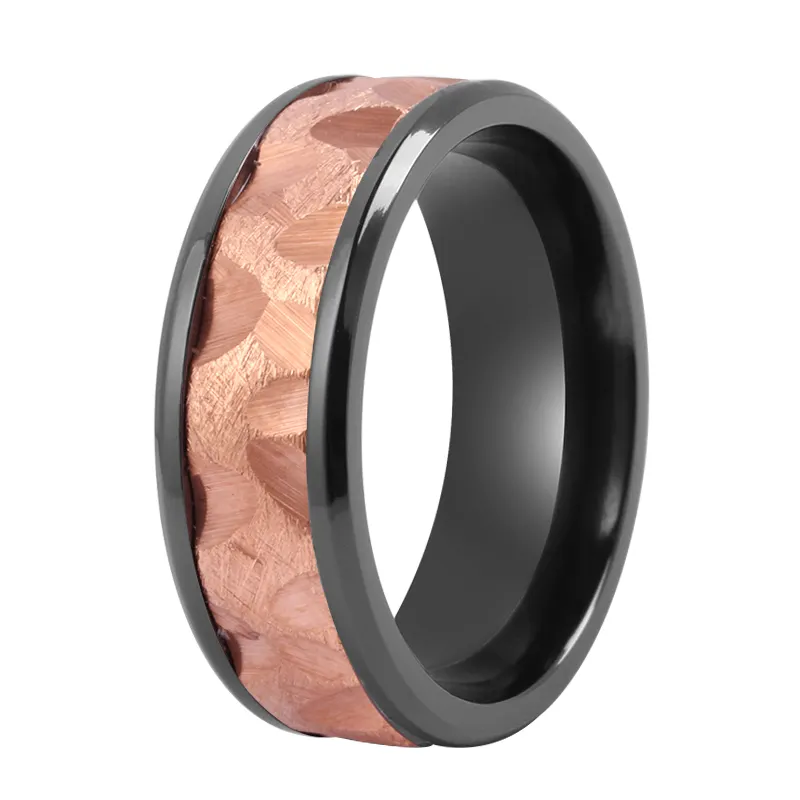 Venda direta da fábrica Rose Gold Plated Tungsten Superconductor Ring Inlay Black Zircônio Wedding Band Two Tone Zircônio Ring