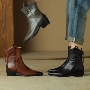 Bottines courtes vintage pour femmes, automne-hiver 2024, sexy, bout pointu, chaussures en cuir véritable, talons <span class=keywords><strong>mi</strong></span>-hauts confortables, bottines à la cheville pour <span class=keywords><strong>femme</strong></span>, noir, taille 48 - Product Image 2