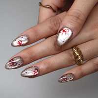 Ongles à presser effet vintage avec nœuds, motifs œil-de-chat champagne, rouge bordeaux, éclats d'étoiles et pois, en acrylique, logo personnalisable