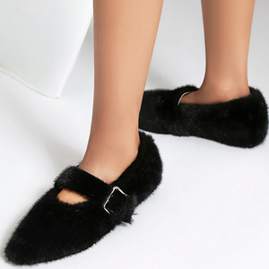Big Size 45 Women Custom Styles Plush Fur <b>Sandals</b> Dress Pointed Toe Wide Fit Fluffy Furry Buckle Flat Shoes - Product Image 5