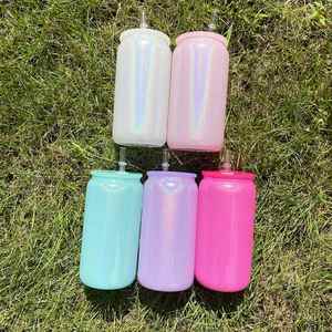 Holographic Shimmer White Glitter Blank Sublimation Can 16Oz Colored Glass <b>Cup</b> With Pp <b>Plastic</b> Lid and Straw - Product Image 2