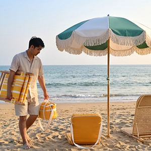 Conjunto de Sombrilla <span class=keywords><strong>y</strong></span> Silla de Playa Vintage de Lujo, Parasol Boho con Flecos Festoneados con Silla Colgante de Madera <span class=keywords><strong>y</strong></span> Bolsa Refrigeradora a Juego - Product Image 4