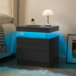 โต๊ะข้างเตียง LED พร้อมลิ้นชัก 2 ชั้น ทันสมัยสำหรับห้องนอน ลายไม้สีดำ - Product Image 4