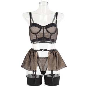 Conjunto de Lencería Divertido de Cuatro Piezas para Mujer: Vestido Sexy y Moderno de Color Liso con Malla Hueca y Medias Colgantes, Ajuste Ceñido - Product Image 5