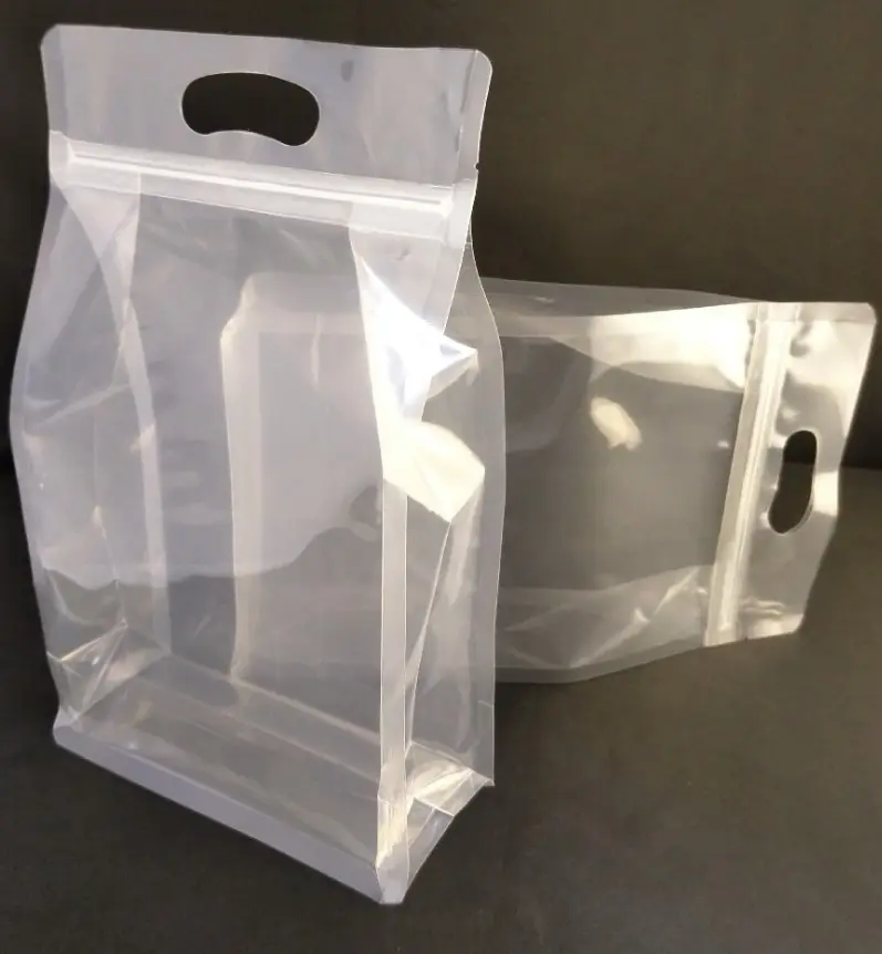 ハンドル付きDoypackクリア透明プラスチックスタンドアップ8サイドクワッドシールブロックボトムガセットボックスポーチジッパーバッグ