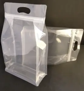 Avec poignée Doypack Transparent Transparent En Plastique 8 Côté Quad Joint Bloc Fond Gousset Boîte Sac De Tirette De Poche