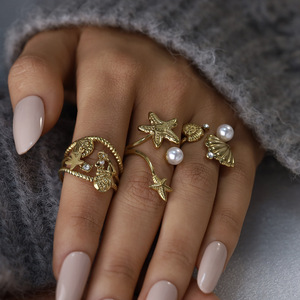 Bague ouverte ajustable en acier inoxydable, style mode, ornée de <span class=keywords><strong>strass</strong></span>, zircon, perle, coquillage, étoile de mer et conque, bijou étanche - Product Image 1