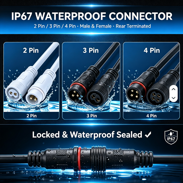 IP67 Waterproof 10A 300V Nylon 2Pin/3Pin/4Pin/5Pin LED Connector Cable Male Female Outdoor Extension Harness Copper Gold Plating