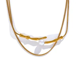 金友3792特色不锈钢竹节珍珠项链吊坠双层链堆叠时尚女性饰品