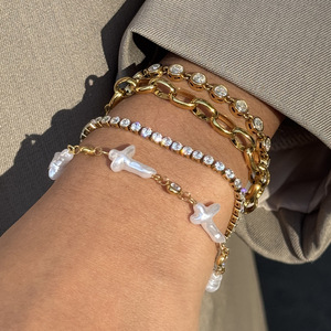 <b>Cross</b> Imitation Pearl Bracelet Gold <b>Chain</b> Bezel Setting Jewelry Gift - Product Image 2